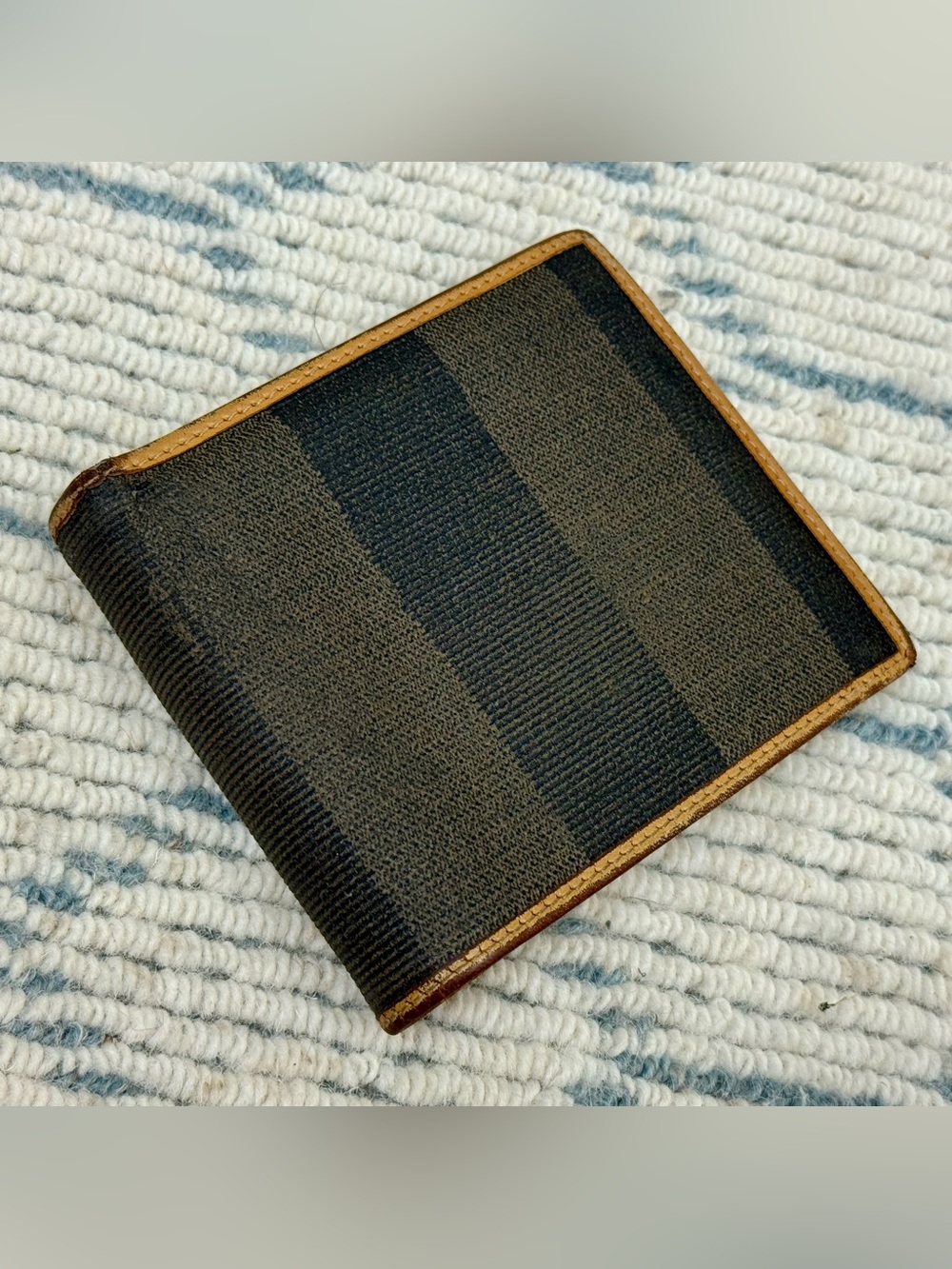 FENDI Vintage 80’s Unisex Classic Pequin Striped Canvas Brown Leather Bi Wallet - Picture 8 of 16
